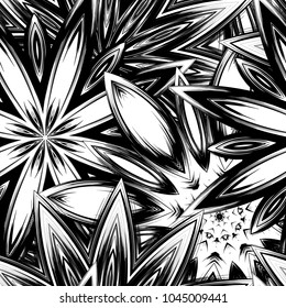 Seamless floral background. Tracery handmade nature ethnic fabric backdrop pattern with saturated dark flowers. Textile design texture. Decorative binary monochrome black and white art. Vector