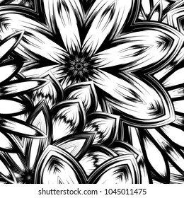 Seamless floral background. Tracery handmade nature ethnic fabric backdrop pattern with saturated dark flowers. Textile design texture. Decorative binary monochrome black and white art. Vector