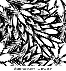 Seamless floral background. Tracery handmade nature ethnic fabric backdrop pattern with saturated dark flowers. Textile design texture. Decorative binary monochrome black and white art. Vector