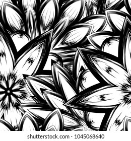 Seamless floral background. Tracery handmade nature ethnic fabric backdrop pattern with saturated dark flowers. Textile design texture. Decorative binary monochrome black and white art. Vector
