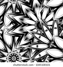 Seamless floral background. Tracery handmade nature ethnic fabric backdrop pattern with saturated dark flowers. Textile design texture. Decorative binary monochrome black and white art. Vector