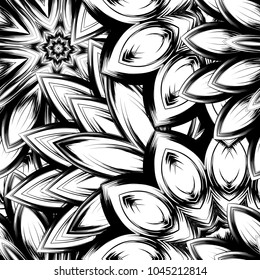 Seamless floral background. Tracery handmade nature ethnic fabric backdrop pattern with saturated dark flowers. Textile design texture. Decorative binary monochrome black and white art. Vector