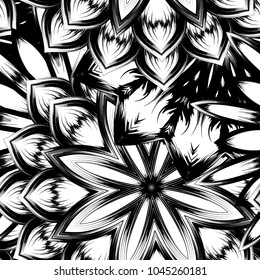Seamless floral background. Tracery handmade nature ethnic fabric backdrop pattern with saturated dark flowers. Textile design texture. Decorative binary monochrome black and white art. Vector