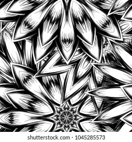 Seamless floral background. Tracery handmade nature ethnic fabric backdrop pattern with saturated dark flowers. Textile design texture. Decorative binary monochrome black and white art. Vector