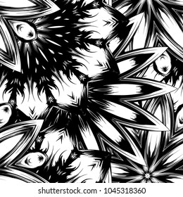 Seamless floral background. Tracery handmade nature ethnic fabric backdrop pattern with saturated dark flowers. Textile design texture. Decorative binary monochrome black and white art. Vector