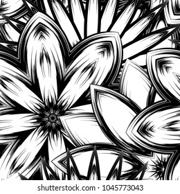 Seamless floral background. Tracery handmade nature ethnic fabric backdrop pattern with saturated dark flowers. Textile design texture. Decorative binary monochrome black and white art. Vector