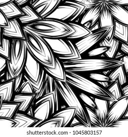 Seamless floral background. Tracery handmade nature ethnic fabric backdrop pattern with saturated dark flowers. Textile design texture. Decorative binary monochrome black and white art. Vector