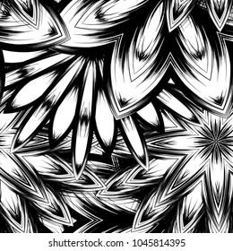 Seamless floral background. Tracery handmade nature ethnic fabric backdrop pattern with saturated dark flowers. Textile design texture. Decorative binary monochrome black and white art. Vector