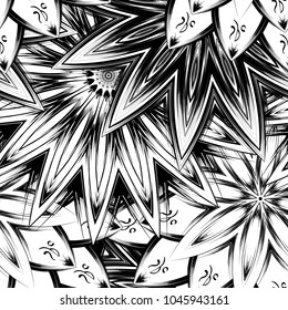 Seamless floral background. Tracery handmade nature ethnic fabric backdrop pattern with saturated dark flowers. Textile design texture. Decorative binary monochrome black and white art. Vector