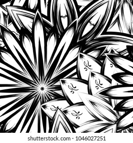 Seamless floral background. Tracery handmade nature ethnic fabric backdrop pattern with saturated dark flowers. Textile design texture. Decorative binary monochrome black and white art. Vector