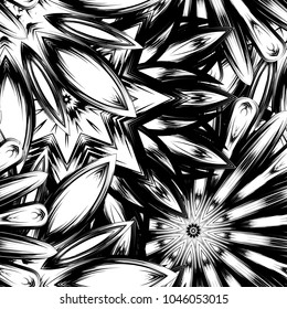 Seamless floral background. Tracery handmade nature ethnic fabric backdrop pattern with saturated dark flowers. Textile design texture. Decorative binary monochrome black and white art. Vector