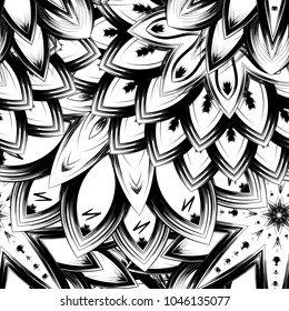 Seamless floral background. Tracery handmade nature ethnic fabric backdrop pattern with saturated dark flowers. Textile design texture. Decorative binary monochrome black and white art. Vector