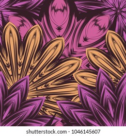 Seamless floral background. Tracery handmade nature ethnic fabric backdrop pattern with flowers. Textile design texture. Decorative color art. Vector