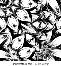 Seamless floral background. Tracery handmade nature ethnic fabric backdrop pattern with saturated dark flowers. Textile design texture. Decorative binary monochrome black and white art. Vector