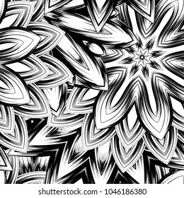 Seamless floral background. Tracery handmade nature ethnic fabric backdrop pattern with saturated dark flowers. Textile design texture. Decorative binary monochrome black and white art. Vector