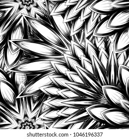 Seamless floral background. Tracery handmade nature ethnic fabric backdrop pattern with saturated dark flowers. Textile design texture. Decorative binary monochrome black and white art. Vector