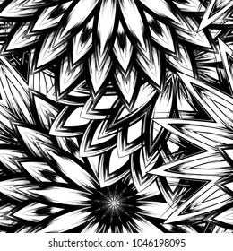 Seamless floral background. Tracery handmade nature ethnic fabric backdrop pattern with saturated dark flowers. Textile design texture. Decorative binary monochrome black and white art. Vector