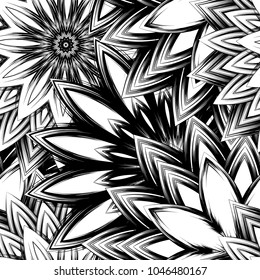 Seamless floral background. Tracery handmade nature ethnic fabric backdrop pattern with saturated dark flowers. Textile design texture. Decorative binary monochrome black and white art. Vector