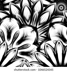 Seamless floral background. Tracery handmade nature ethnic fabric backdrop pattern with saturated dark flowers. Textile design texture. Decorative binary monochrome black and white art. Vector