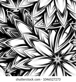 Seamless floral background. Tracery handmade nature ethnic fabric backdrop pattern with saturated dark flowers. Textile design texture. Decorative binary monochrome black and white art. Vector