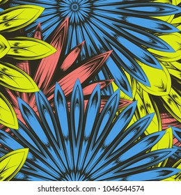 Seamless floral background. Tracery handmade nature ethnic fabric backdrop pattern with flowers. Textile design texture. Decorative color art. Vector