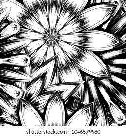 Seamless floral background. Tracery handmade nature ethnic fabric backdrop pattern with saturated dark flowers. Textile design texture. Decorative binary monochrome black and white art. Vector