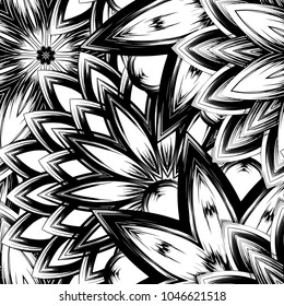 Seamless floral background. Tracery handmade nature ethnic fabric backdrop pattern with saturated dark flowers. Textile design texture. Decorative binary monochrome black and white art. Vector