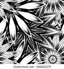 Seamless floral background. Tracery handmade nature ethnic fabric backdrop pattern with saturated dark flowers. Textile design texture. Decorative binary monochrome black and white art. Vector