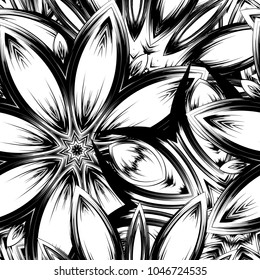 Seamless floral background. Tracery handmade nature ethnic fabric backdrop pattern with saturated dark flowers. Textile design texture. Decorative binary monochrome black and white art. Vector