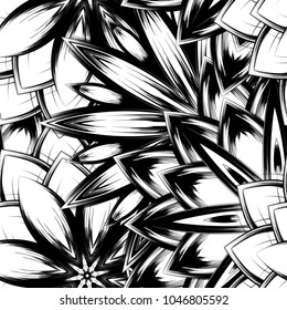 Seamless floral background. Tracery handmade nature ethnic fabric backdrop pattern with saturated dark flowers. Textile design texture. Decorative binary monochrome black and white art. Vector