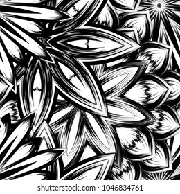 Seamless floral background. Tracery handmade nature ethnic fabric backdrop pattern with saturated dark flowers. Textile design texture. Decorative binary monochrome black and white art. Vector