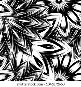 Seamless floral background. Tracery handmade nature ethnic fabric backdrop pattern with saturated dark flowers. Textile design texture. Decorative binary monochrome black and white art. Vector