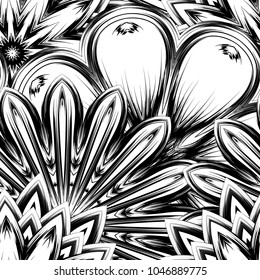 Seamless floral background. Tracery handmade nature ethnic fabric backdrop pattern with saturated dark flowers. Textile design texture. Decorative binary monochrome black and white art. Vector