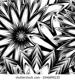 Seamless floral background. Tracery handmade nature ethnic fabric backdrop pattern with saturated dark flowers. Textile design texture. Decorative binary monochrome black and white art. Vector