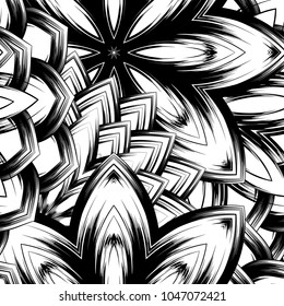 Seamless floral background. Tracery handmade nature ethnic fabric backdrop pattern with saturated dark flowers. Textile design texture. Decorative binary monochrome black and white art. Vector