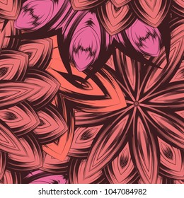 Seamless floral background. Tracery handmade nature ethnic fabric backdrop pattern with flowers. Textile design texture. Decorative color art. Vector