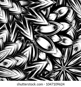 Seamless floral background. Tracery handmade nature ethnic fabric backdrop pattern with saturated dark flowers. Textile design texture. Decorative binary monochrome black and white art. Vector