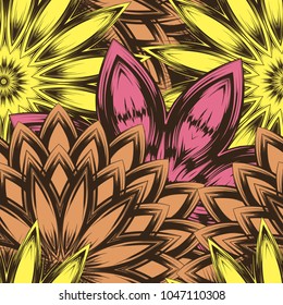 Seamless floral background. Tracery handmade nature ethnic fabric backdrop pattern with flowers. Textile design texture. Decorative color art. Vector