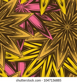 Seamless floral background. Tracery handmade nature ethnic fabric backdrop pattern with flowers. Textile design texture. Decorative color art. Vector