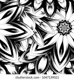 Seamless floral background. Tracery handmade nature ethnic fabric backdrop pattern with saturated dark flowers. Textile design texture. Decorative binary monochrome black and white art. Vector