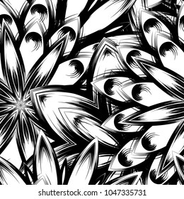 Seamless floral background. Tracery handmade nature ethnic fabric backdrop pattern with saturated dark flowers. Textile design texture. Decorative binary monochrome black and white art. Vector