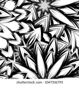 Seamless floral background. Tracery handmade nature ethnic fabric backdrop pattern with saturated dark flowers. Textile design texture. Decorative binary monochrome black and white art. Vector