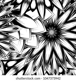 Seamless floral background. Tracery handmade nature ethnic fabric backdrop pattern with saturated dark flowers. Textile design texture. Decorative binary monochrome black and white art. Vector