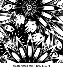 Seamless floral background. Tracery handmade nature ethnic fabric backdrop pattern with saturated dark flowers. Textile design texture. Decorative binary monochrome black and white art. Vector