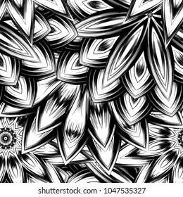 Seamless floral background. Tracery handmade nature ethnic fabric backdrop pattern with saturated dark flowers. Textile design texture. Decorative binary monochrome black and white art. Vector