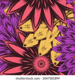 Seamless floral background. Tracery handmade nature ethnic fabric backdrop pattern with flowers. Textile design texture. Decorative color art. Vector