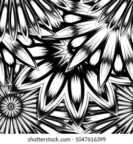 Seamless floral background. Tracery handmade nature ethnic fabric backdrop pattern with saturated dark flowers. Textile design texture. Decorative binary monochrome black and white art. Vector