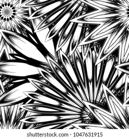 Seamless floral background. Tracery handmade nature ethnic fabric backdrop pattern with saturated dark flowers. Textile design texture. Decorative binary monochrome black and white art. Vector