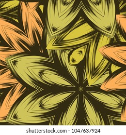 Seamless floral background. Tracery handmade nature ethnic fabric backdrop pattern with flowers. Textile design texture. Decorative color art. Vector
