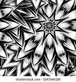 Seamless floral background. Tracery handmade nature ethnic fabric backdrop pattern with saturated dark flowers. Textile design texture. Decorative binary monochrome black and white art. Vector